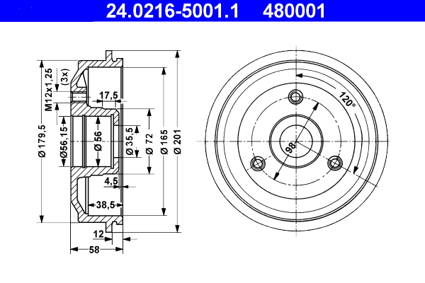 Tamburo freno - 24.0216-5001.1 ATE