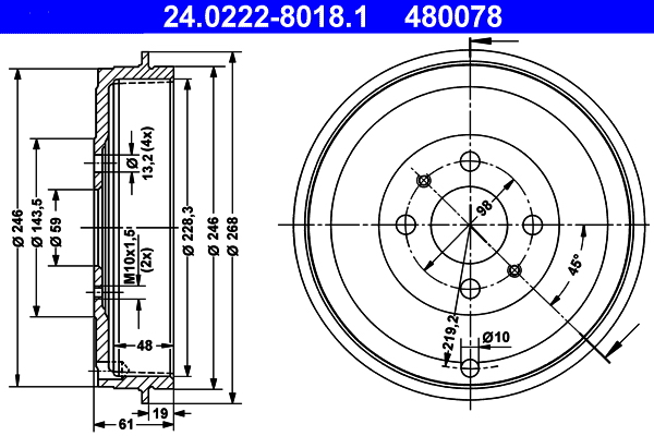 Tamburo freno - 24.0222-8018.1 ATE