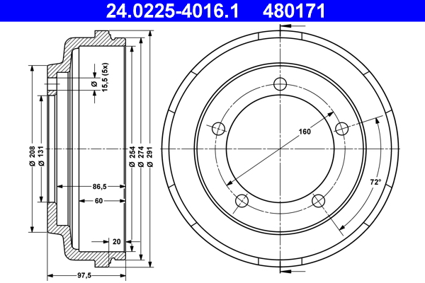 Tamburo freno - 24.0225-4016.1 ATE