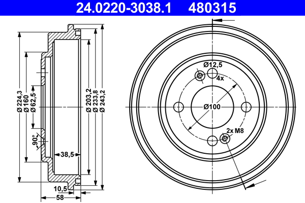 Tamburo freno - 24.0220-3038.1 ATE