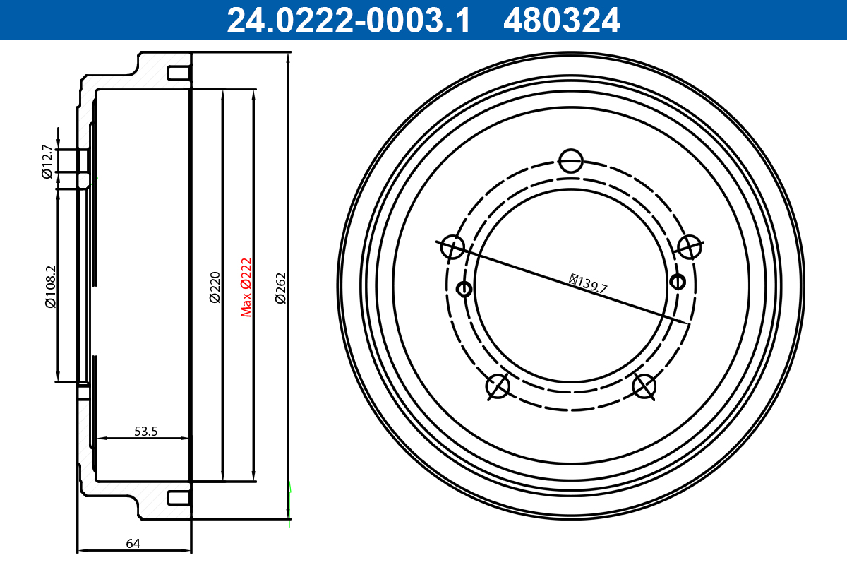 Brake Drum - 24.0222-0003.1 ATE