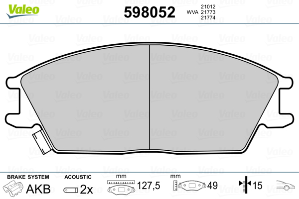 Комплект тормозных колодок, дисковый тормоз - 598052 VALEO