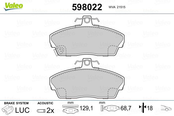Kit pastiglie freno, Freno a disco - 598022 VALEO