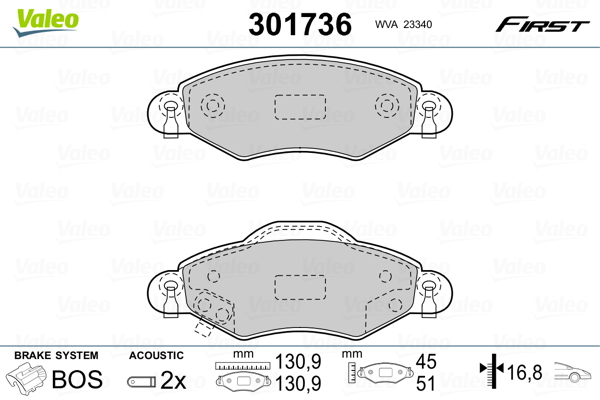 Kit pastiglie freno, Freno a disco - 301736 VALEO