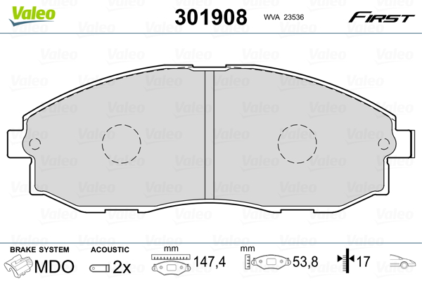 Комплект тормозных колодок, дисковый тормоз - 301908 VALEO