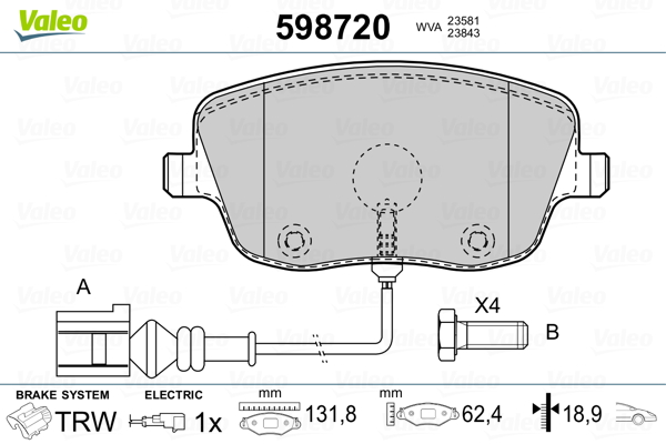 Kit pastiglie freno, Freno a disco - 598720 VALEO