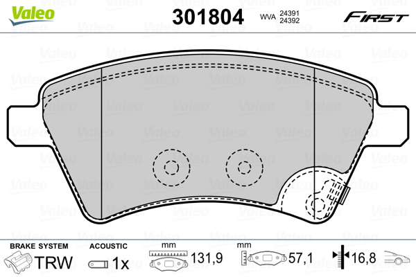 Kit pastiglie freno, Freno a disco - 301804 VALEO