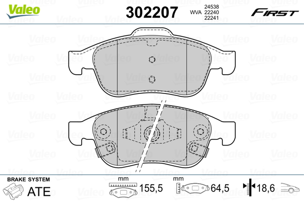 Комплект тормозных колодок, дисковый тормоз - 302207 VALEO