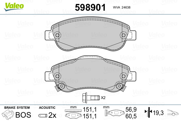 Kit pastiglie freno, Freno a disco - 598901 VALEO