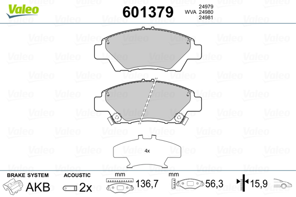 Kit pastiglie freno, Freno a disco - 601379 VALEO