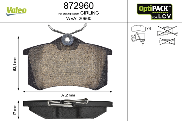 stabdžių trinkelių rinkinys, diskinis stabdys - 872960 VALEO