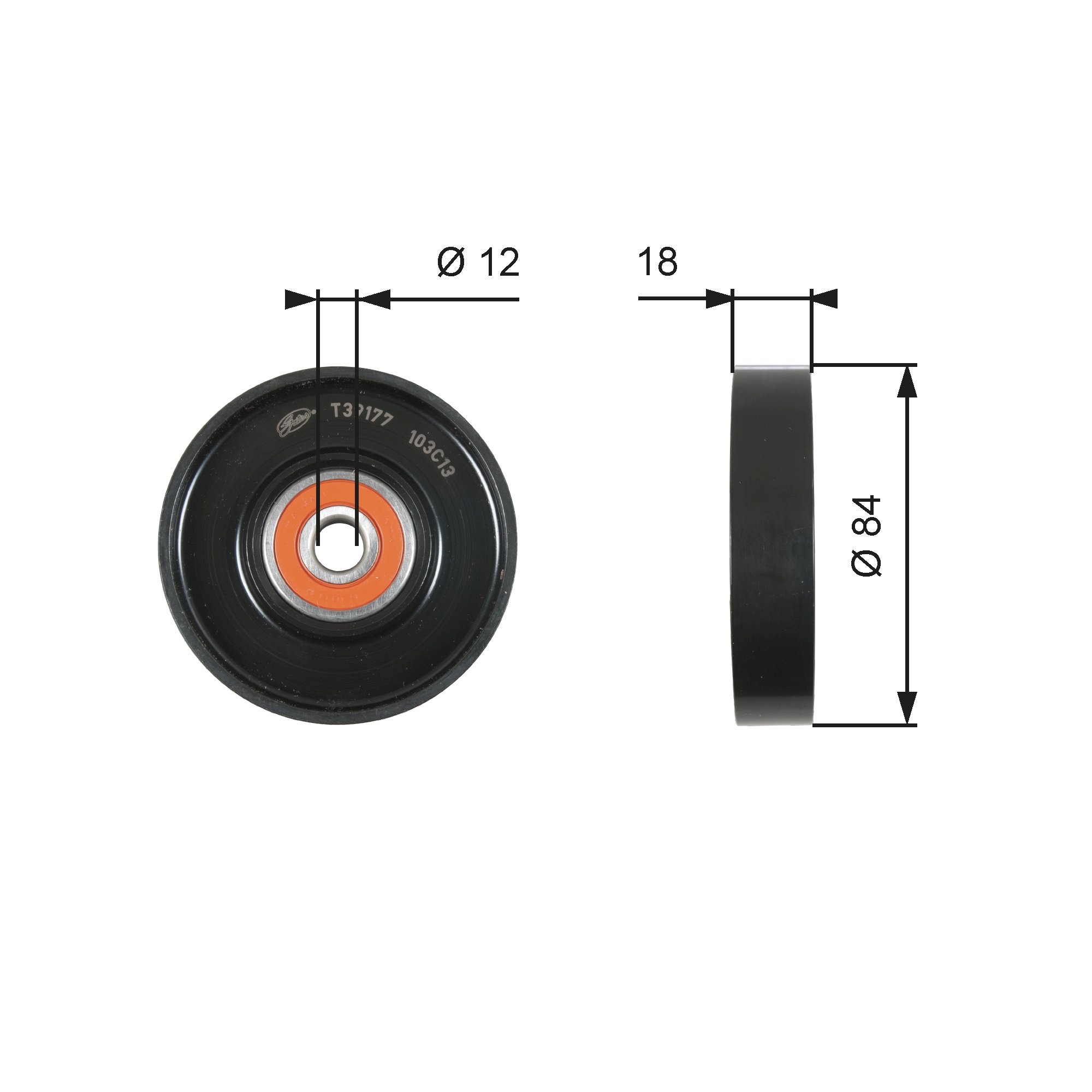 Tensioner Pulley, V-ribbed belt - T39177 GATES