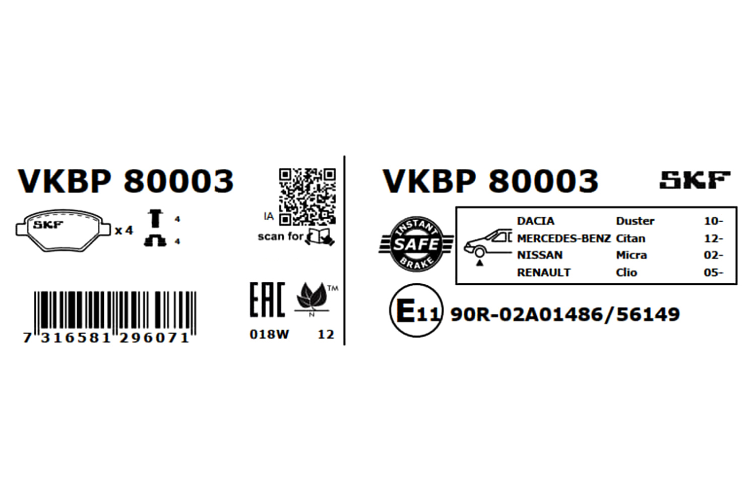 Kit pastiglie freno, Freno a disco - VKBP 80003 SKF