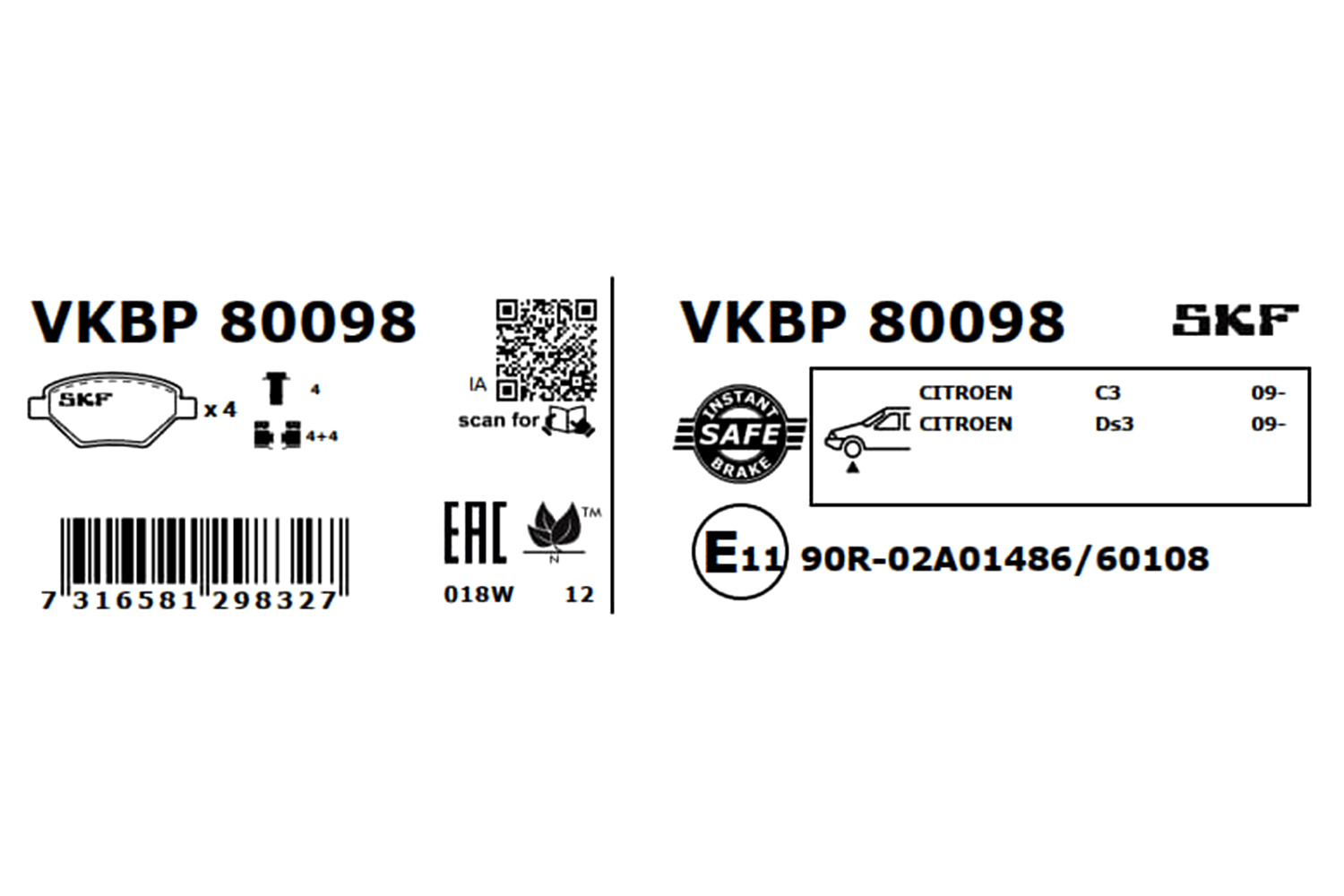 stabdžių trinkelių rinkinys, diskinis stabdys - VKBP 80098 SKF