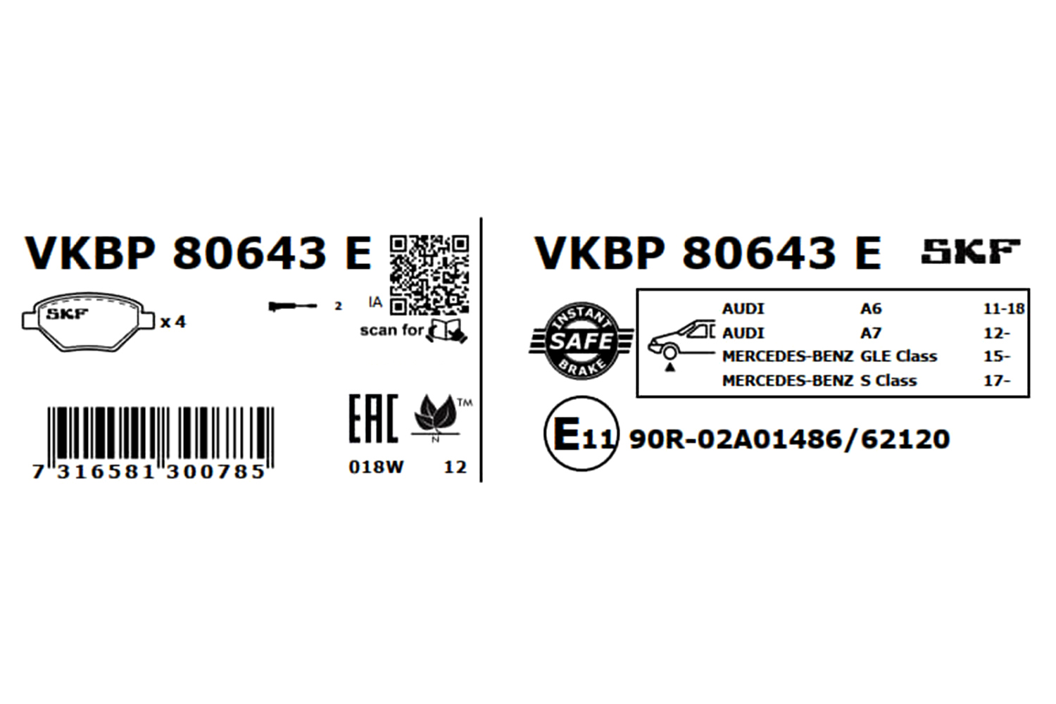 Комплект тормозных колодок, дисковый тормоз - VKBP 80643 E SKF