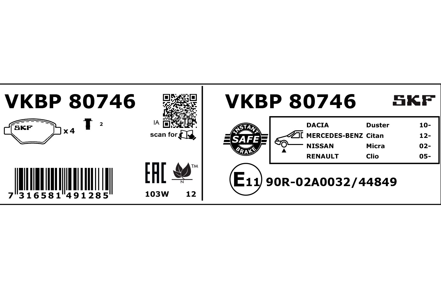 Bremsbelagsatz, Scheibenbremse - VKBP 80746 SKF