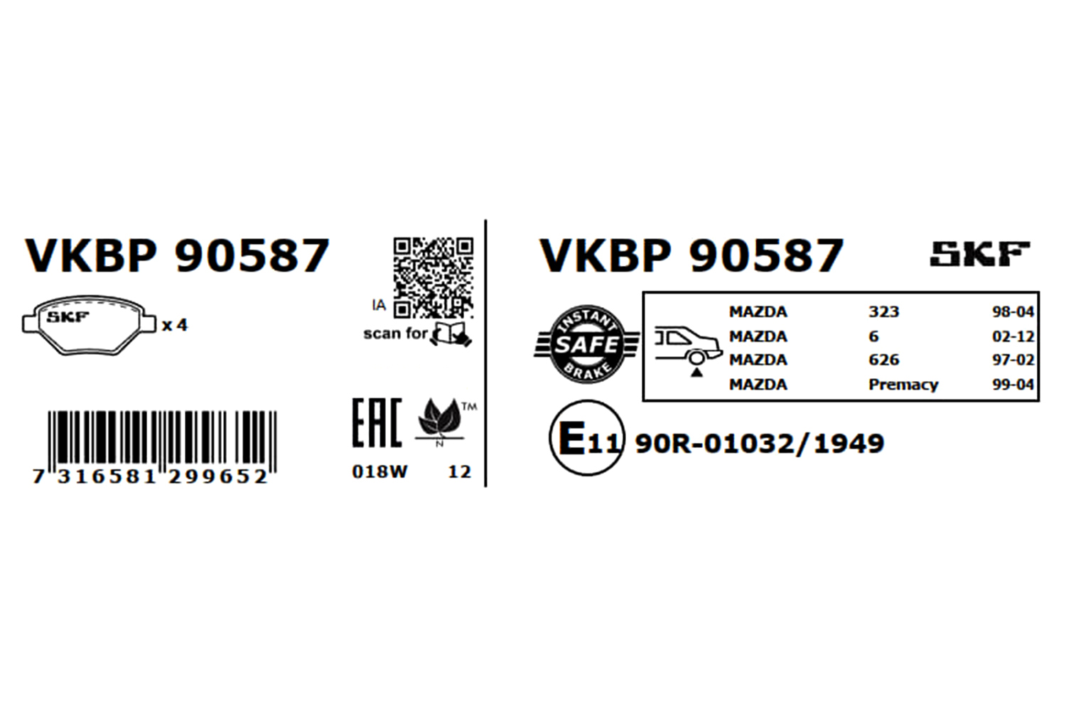 stabdžių trinkelių rinkinys, diskinis stabdys - VKBP 90587 SKF