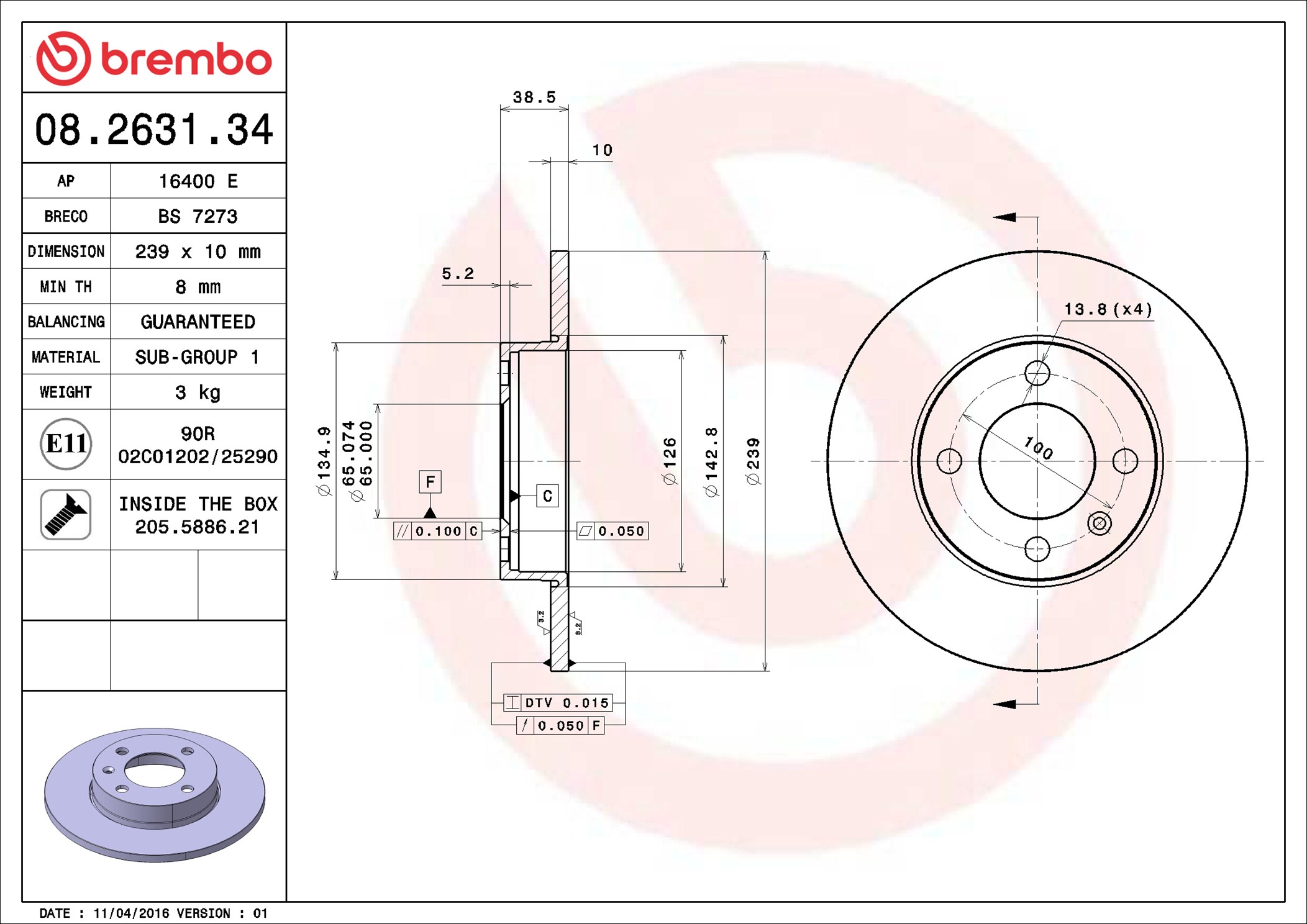 Тормозной диск - 08.2631.34 BREMBO