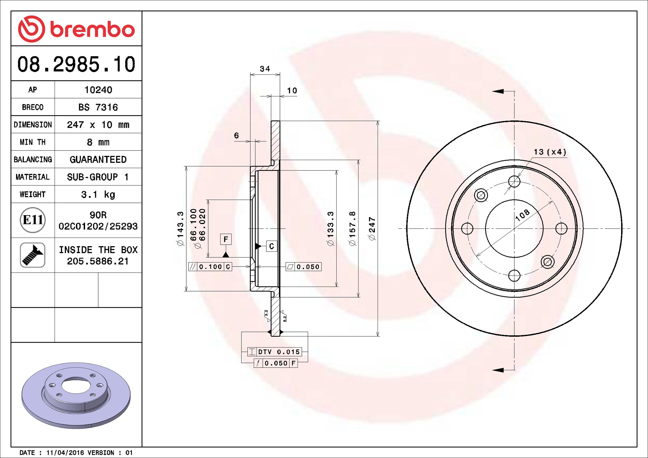 stabdžių diskas - 08.2985.10 BREMBO
