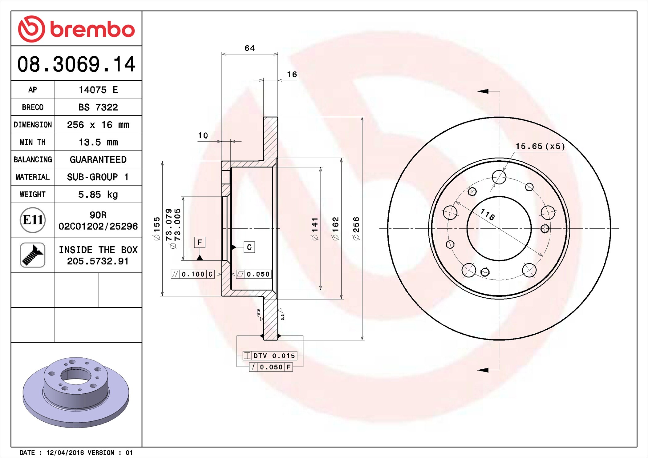 Brake Disc - 08.3069.14 BREMBO