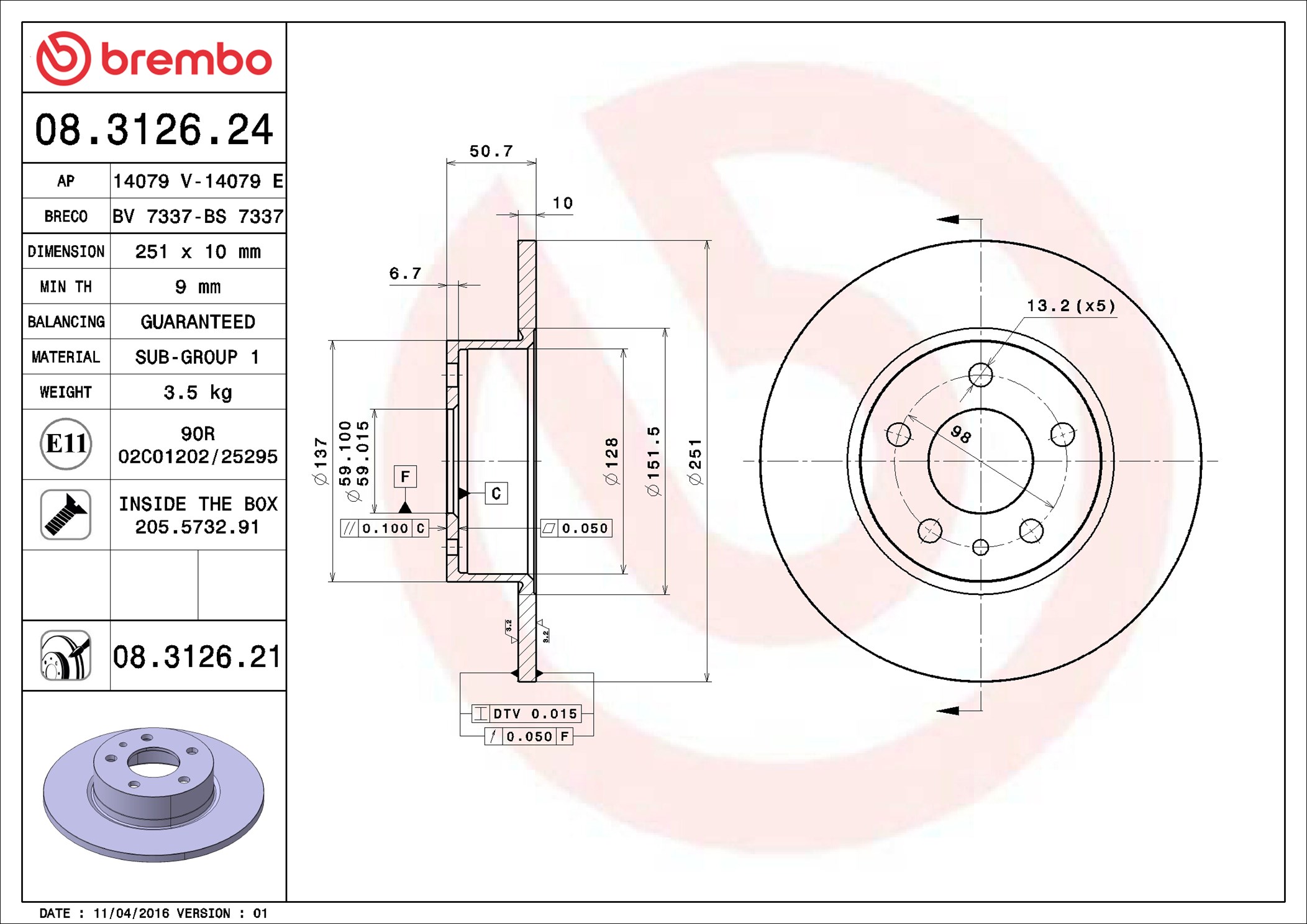stabdžių diskas - 08.3126.21 BREMBO