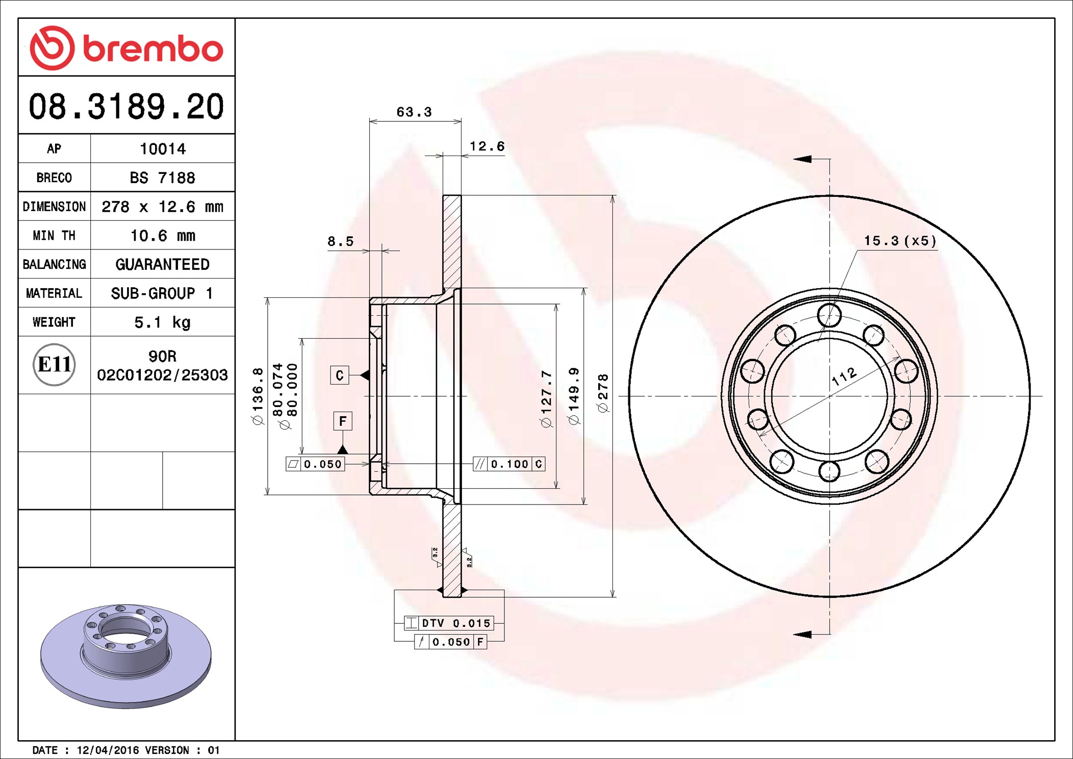 stabdžių diskas - 08.3189.20 BREMBO