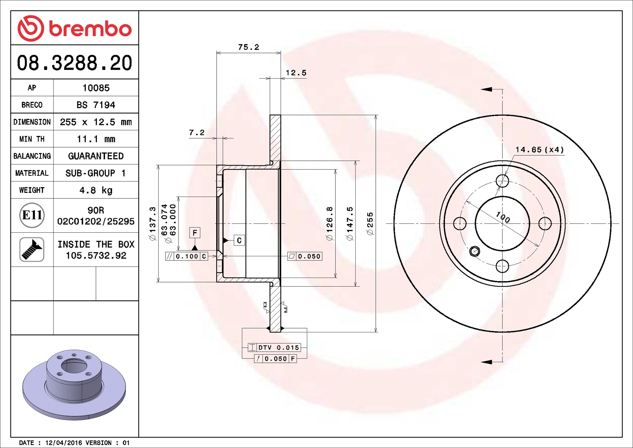 Brake Disc - 08.3288.20 BREMBO