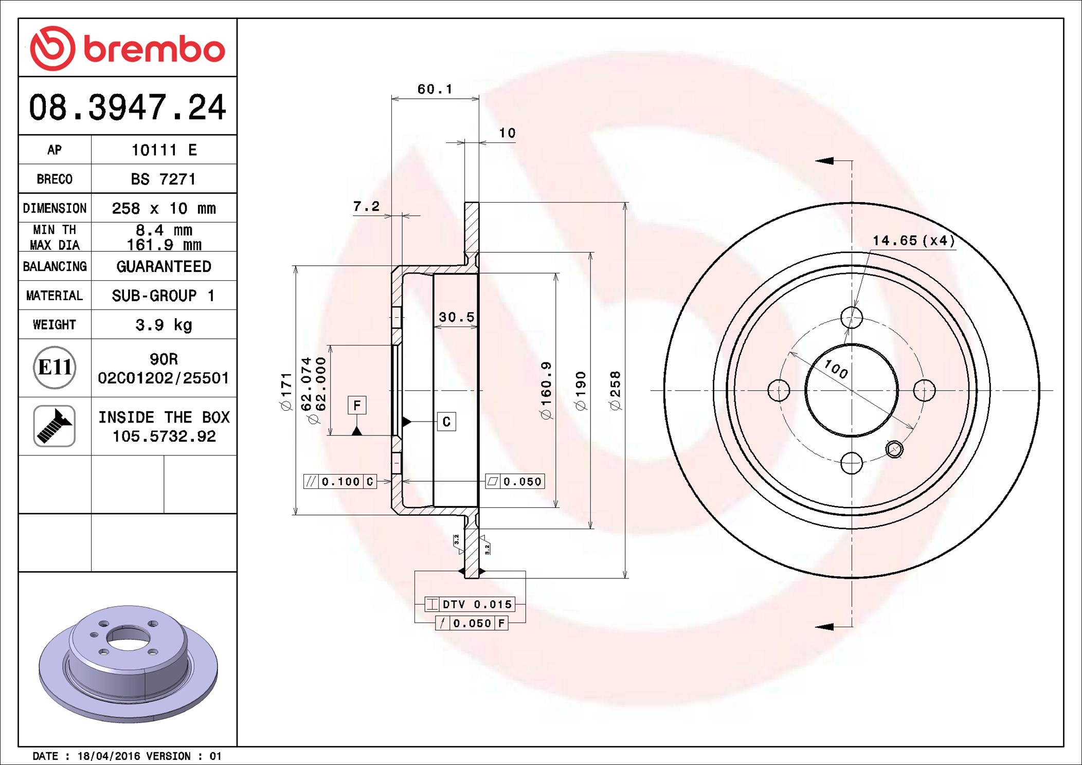 Brake Disc - 08.3947.24 BREMBO