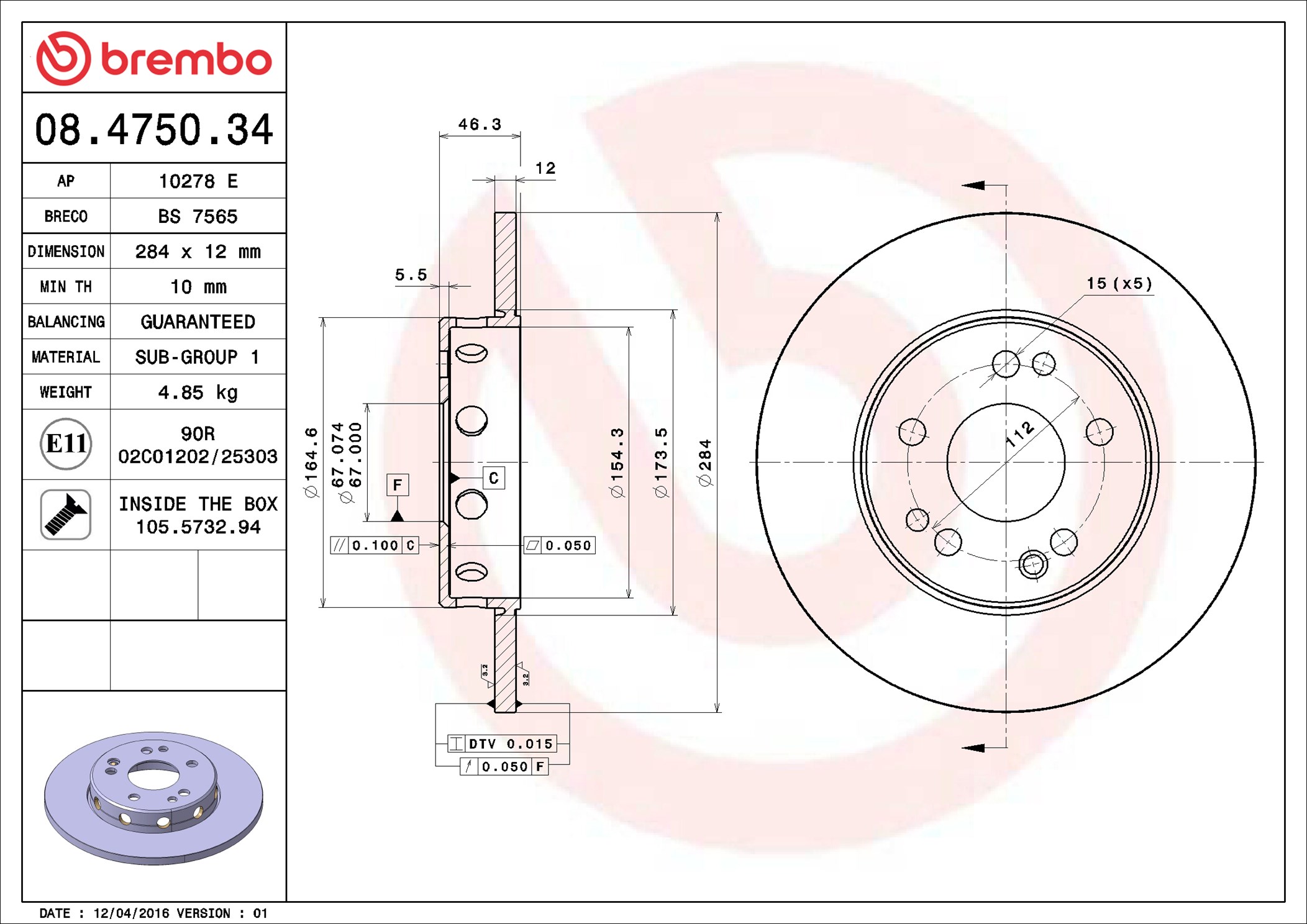 Тормозной диск - 08.4750.34 BREMBO