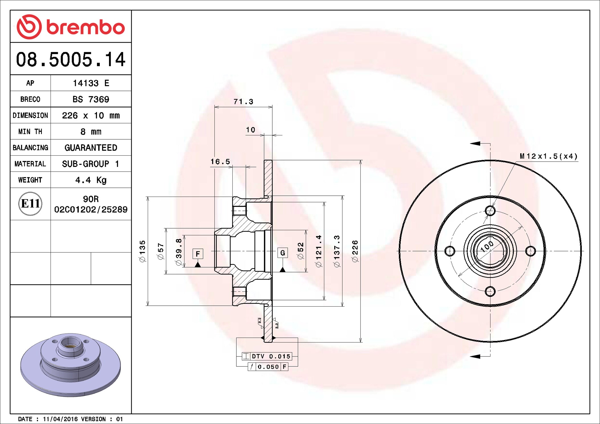 Brake Disc - 08.5005.14 BREMBO