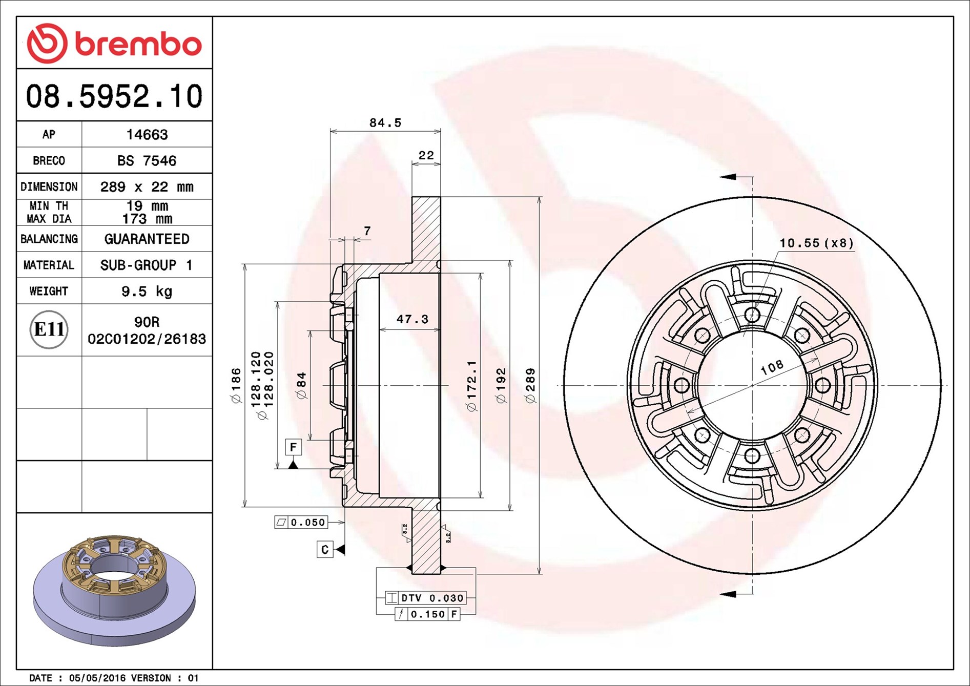 Тормозной диск - 08.5952.10 BREMBO