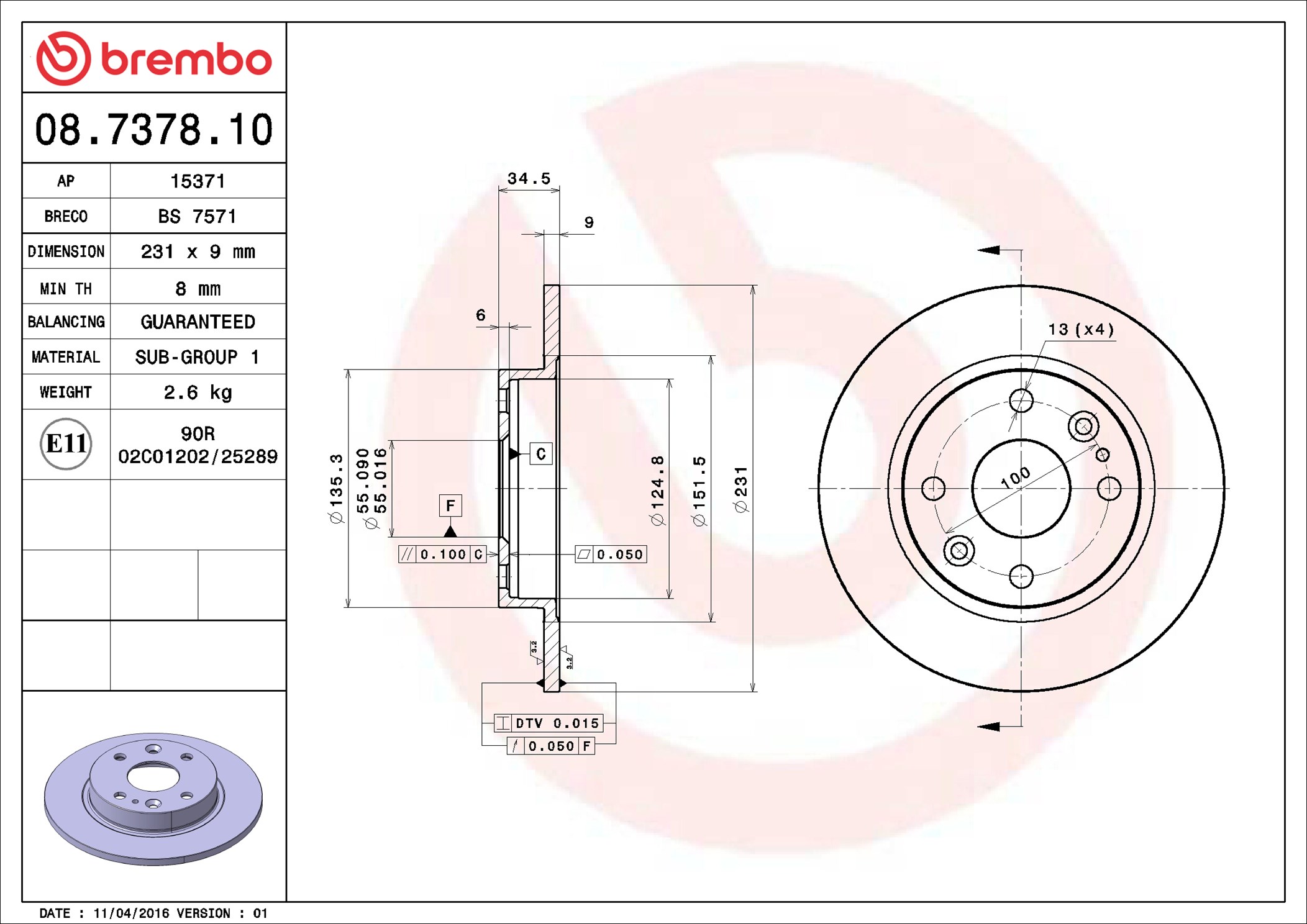stabdžių diskas - 08.7378.10 BREMBO