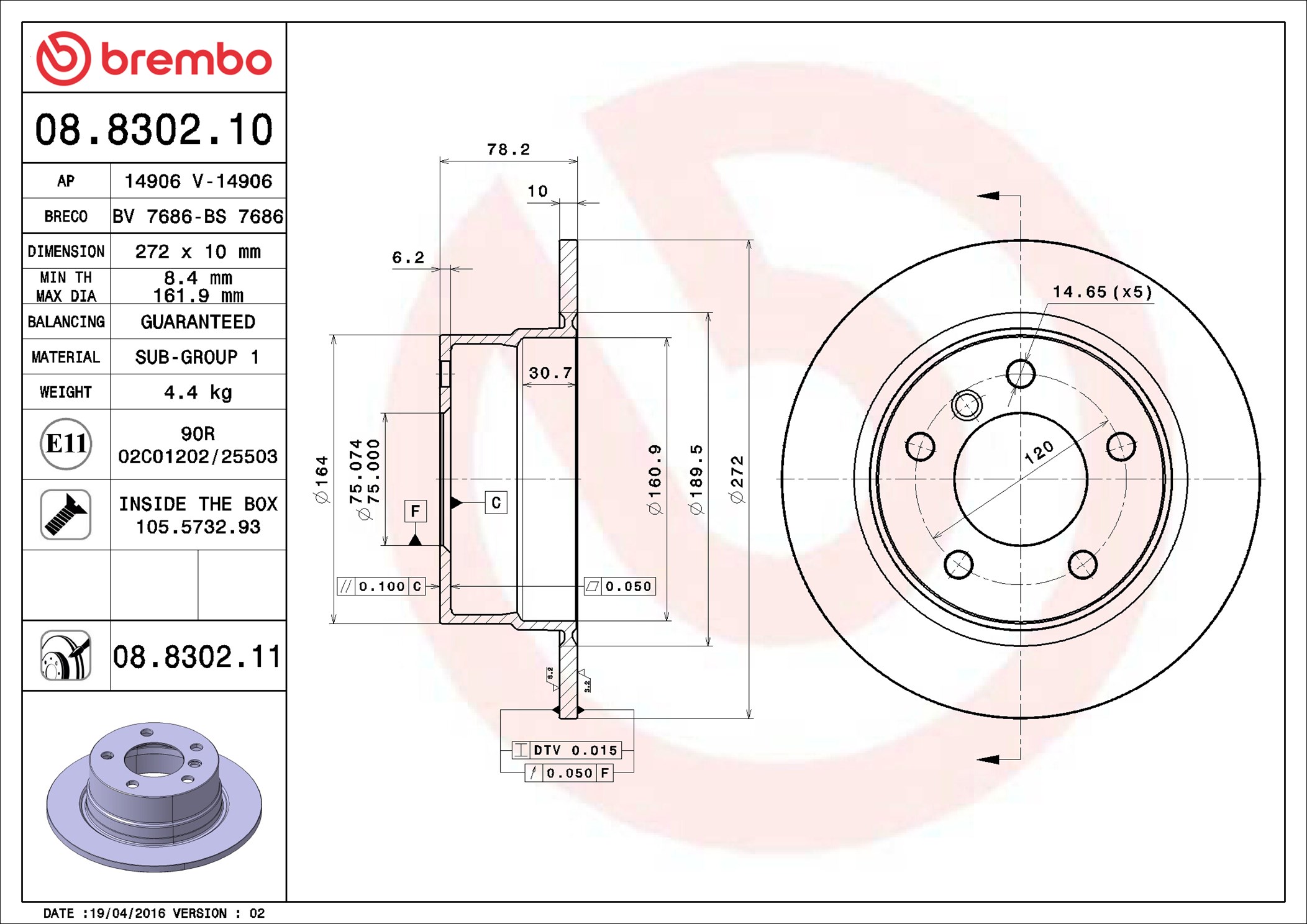Brake Disc - 08.8302.11 BREMBO