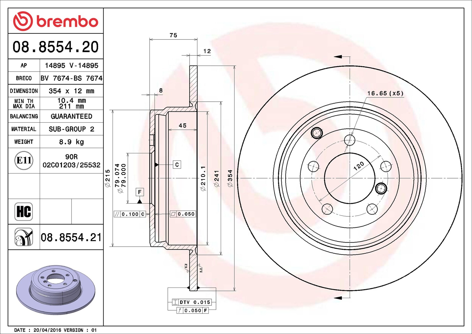 Тормозной диск - 08.8554.21 BREMBO