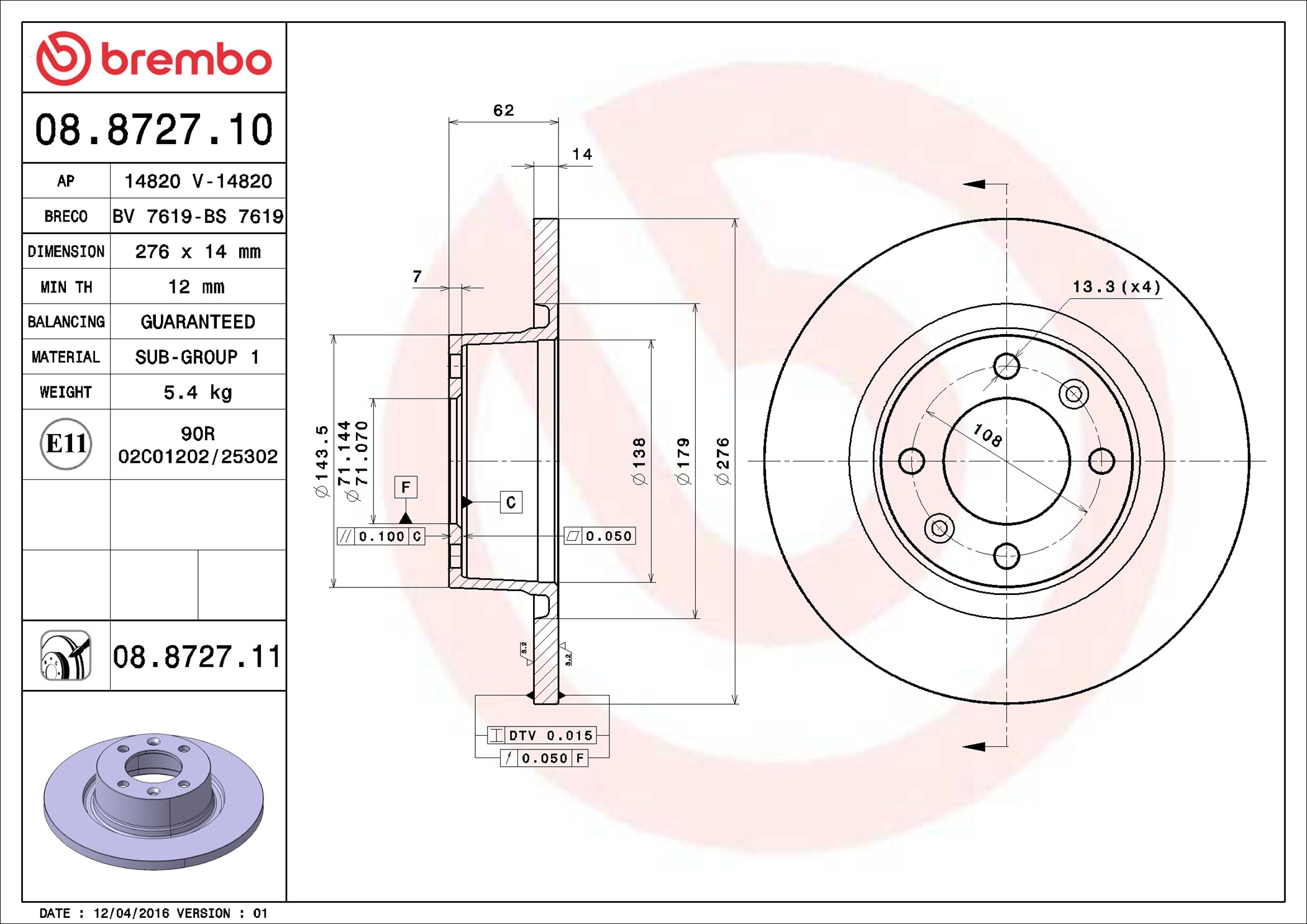 stabdžių diskas - 08.8727.11 BREMBO