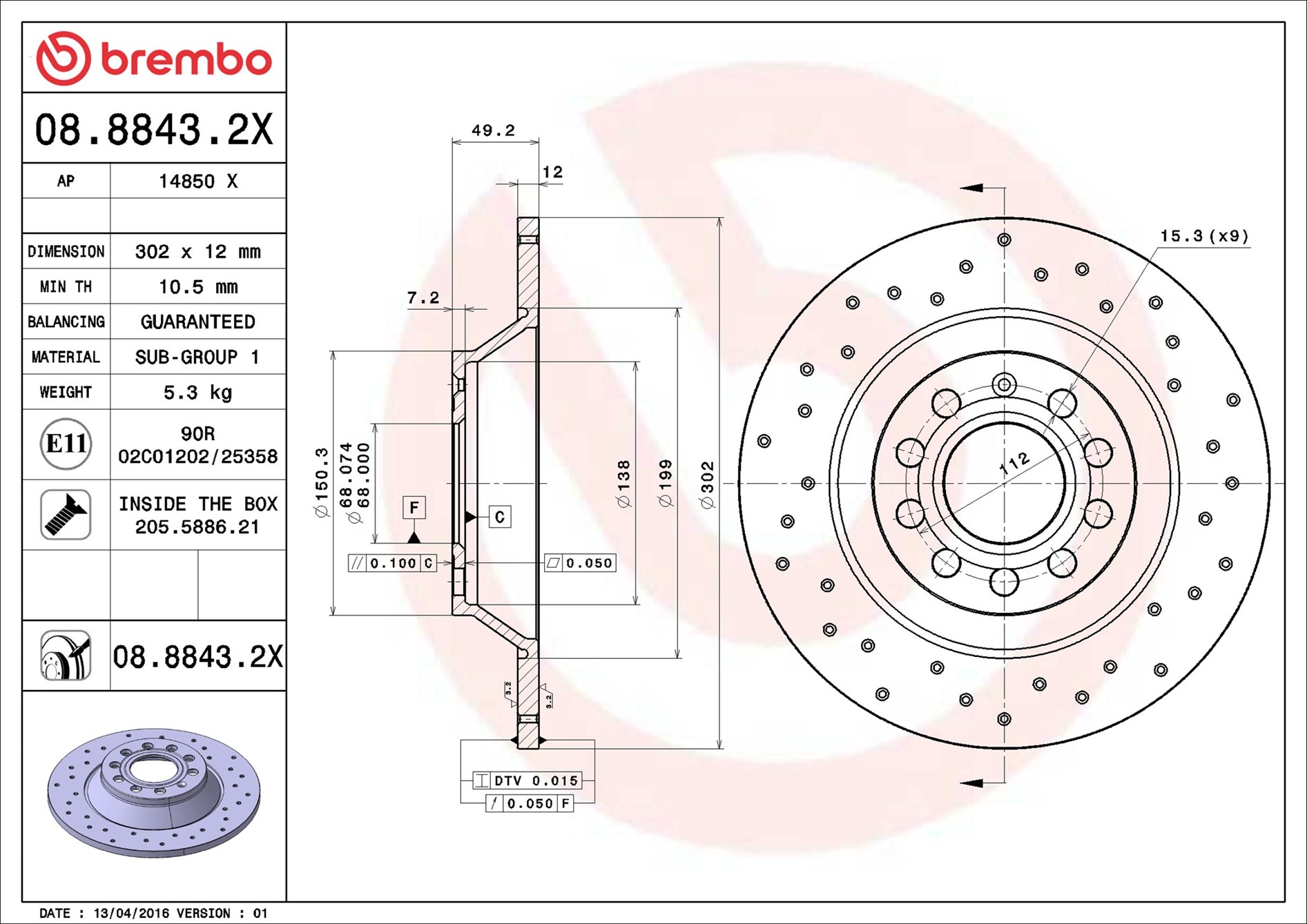 stabdžių diskas - 08.8843.2X BREMBO