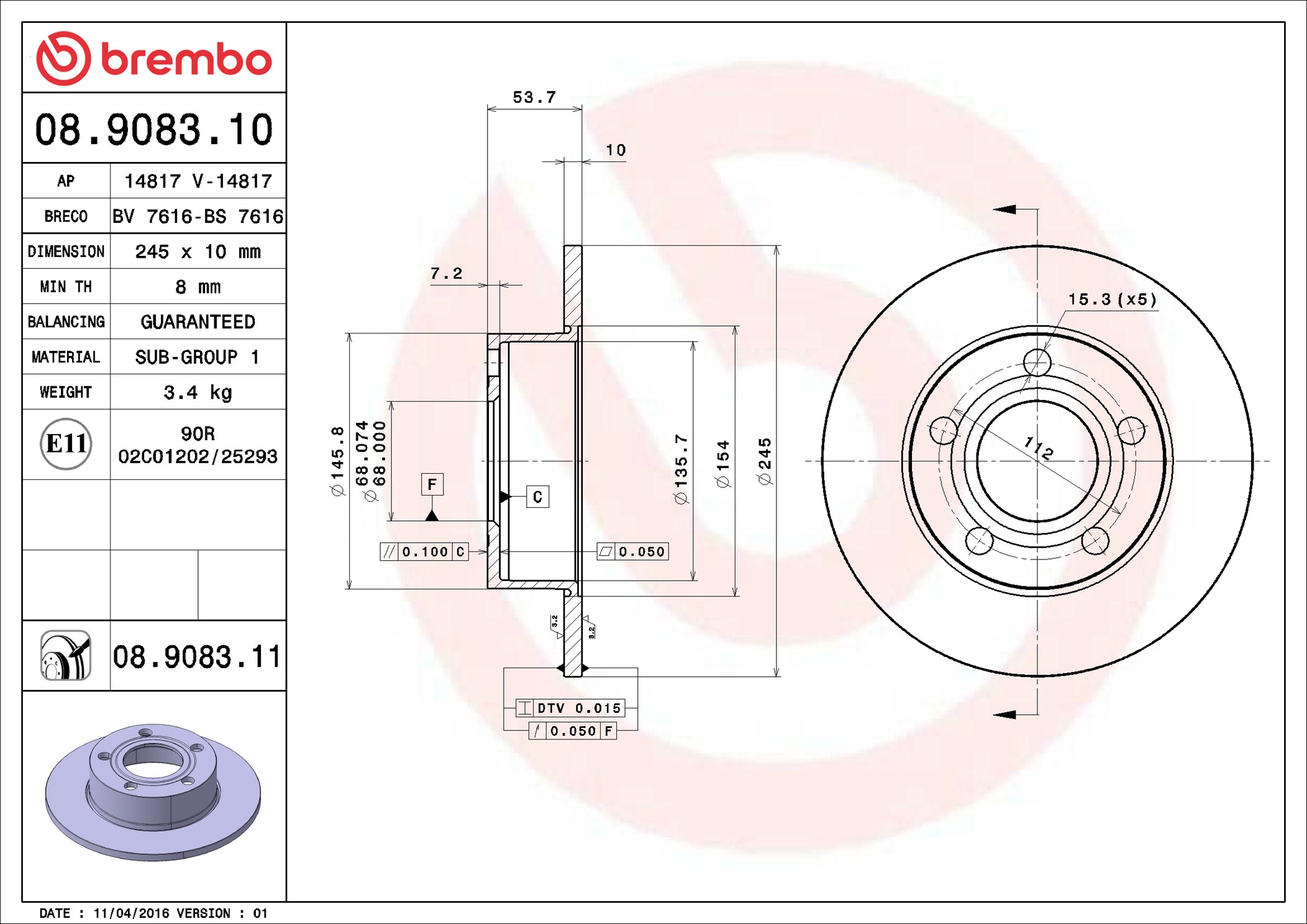 Bremsscheibe - 08.9083.11 BREMBO