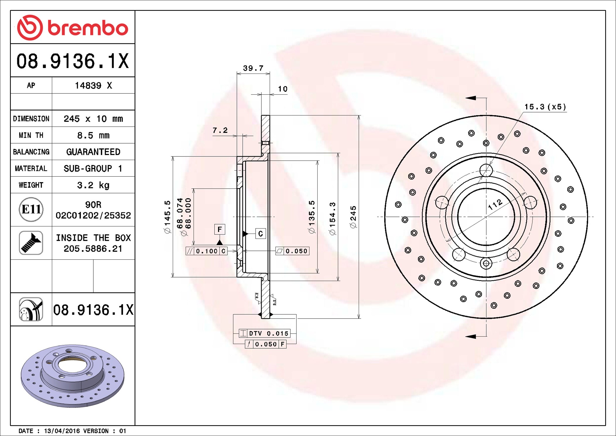 Bremsscheibe - 08.9136.1X BREMBO