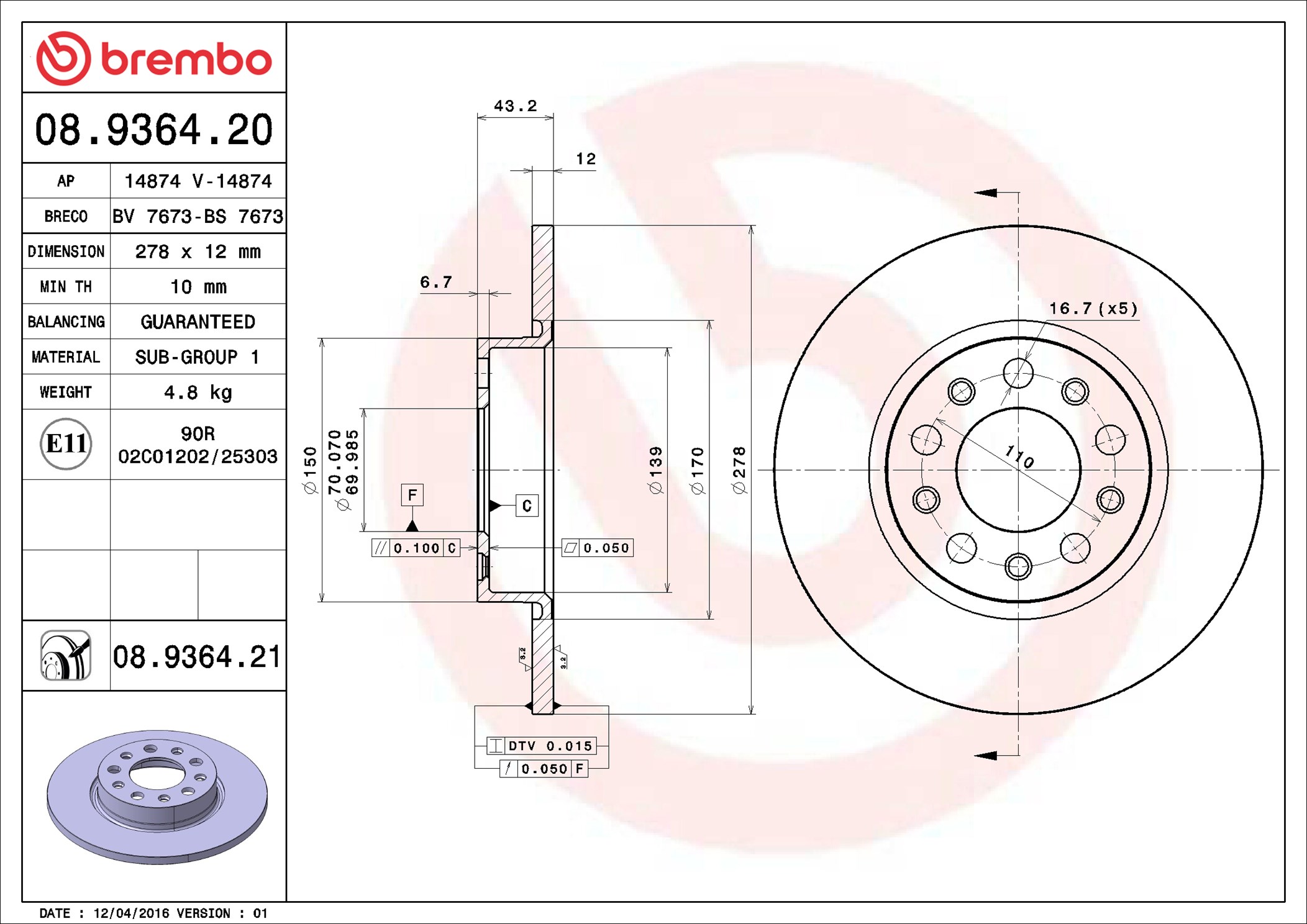 Brake Disc - 08.9364.21 BREMBO