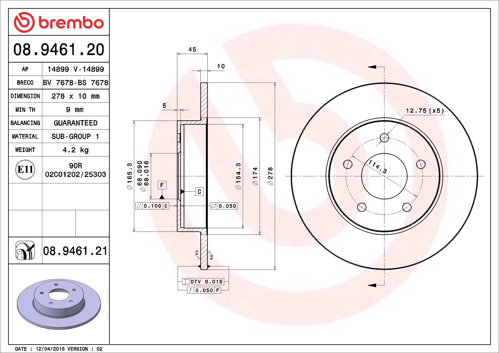 Bremsscheibe - 08.9461.21 BREMBO