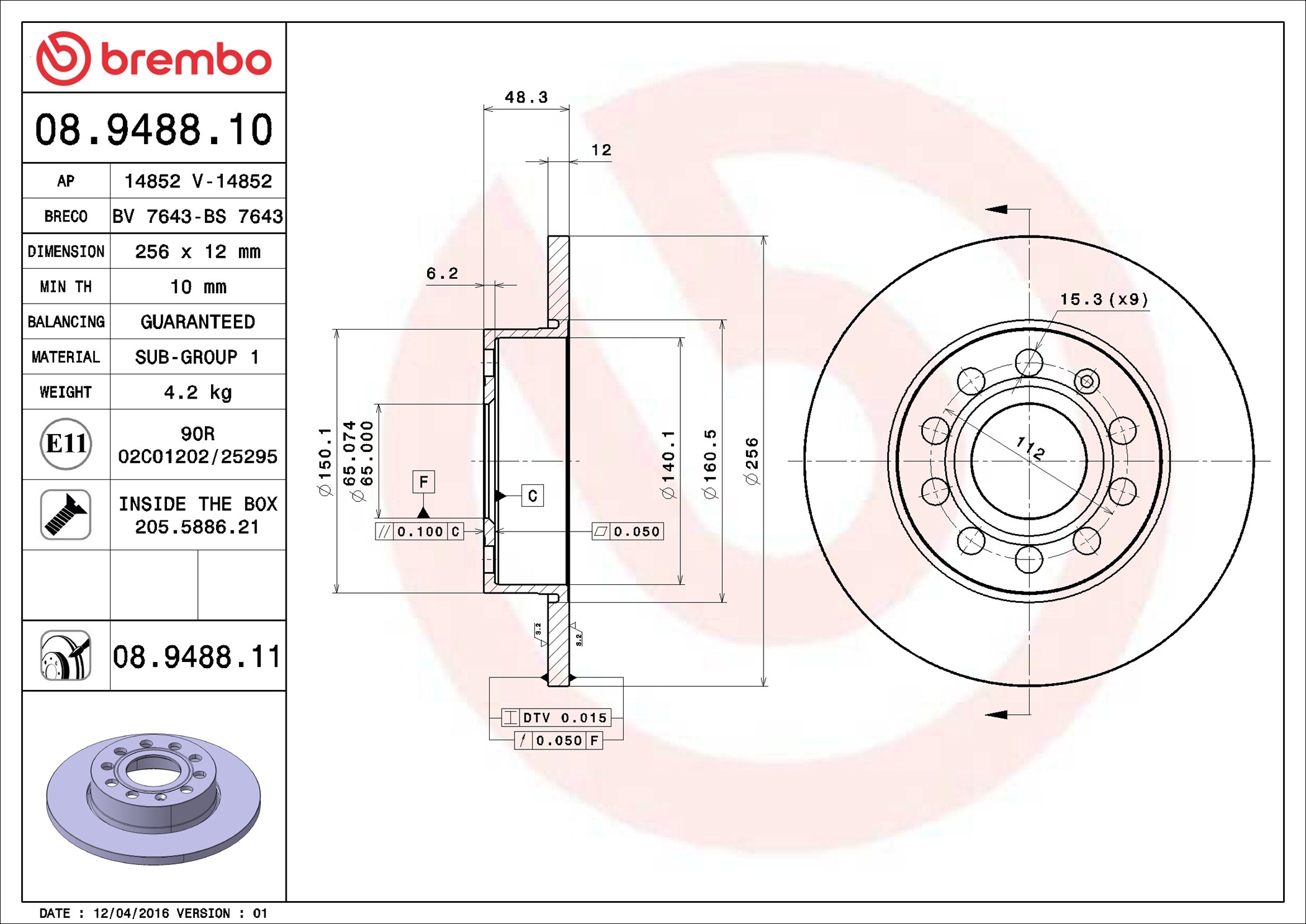 Bremsscheibe - 08.9488.11 BREMBO
