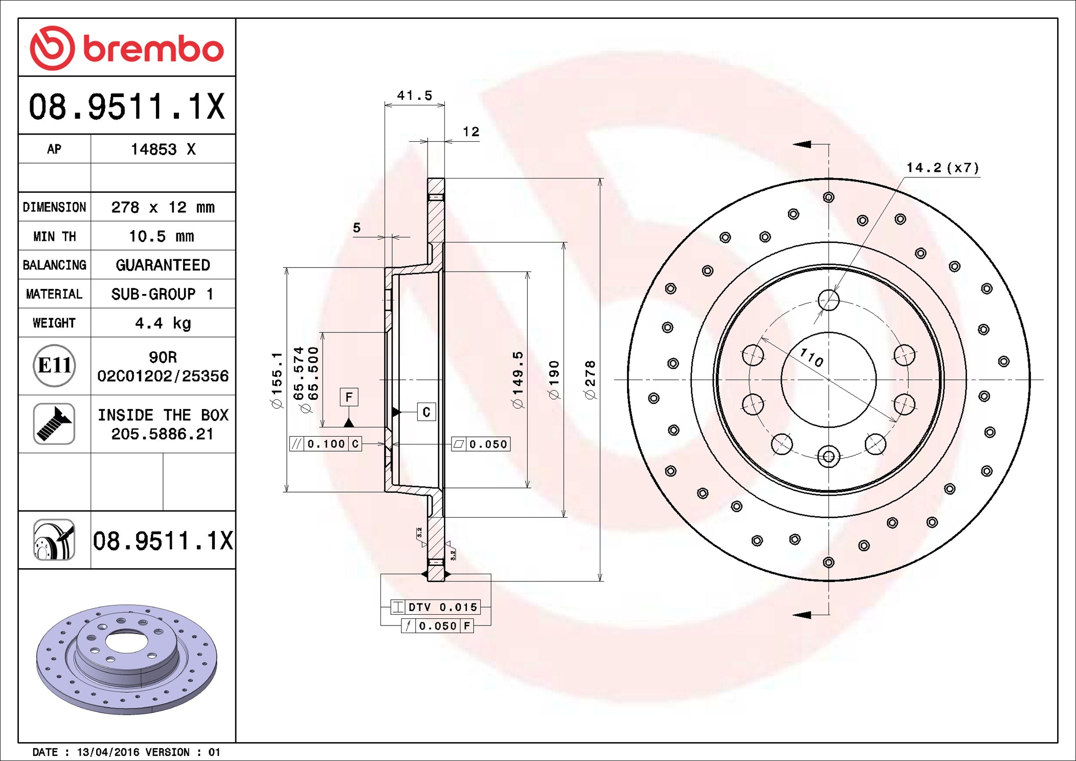 Brake Disc - 08.9511.1X BREMBO