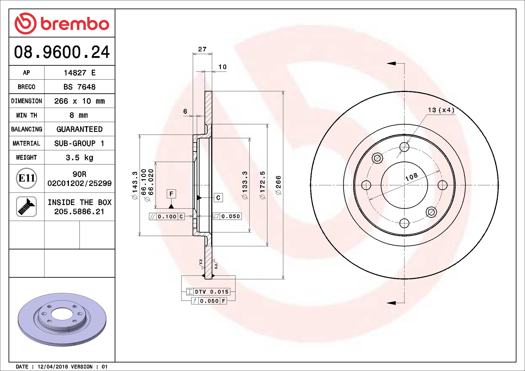 Brake Disc - 08.9600.24 BREMBO