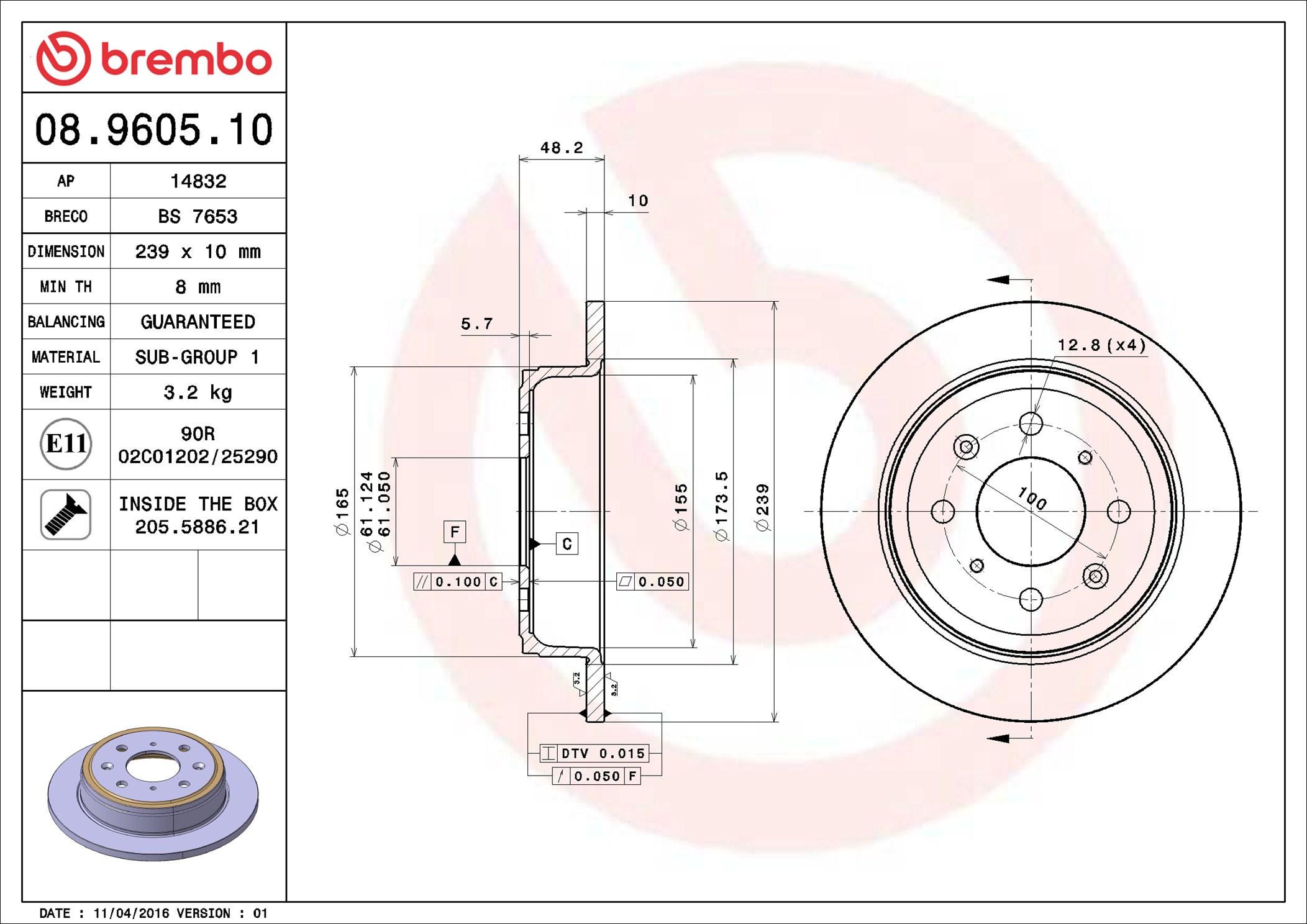 Brake Disc - 08.9605.10 BREMBO