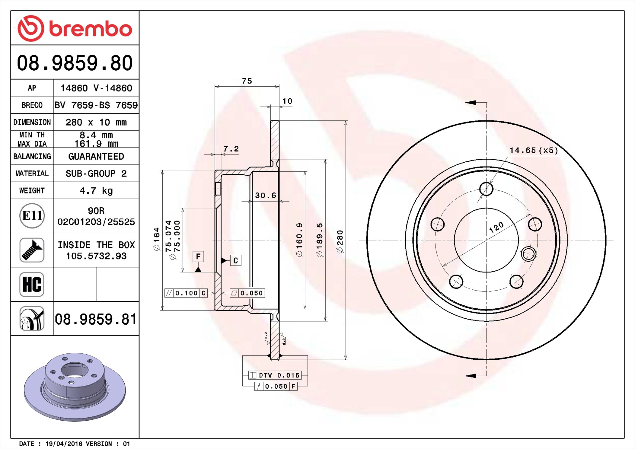 Brake Disc - 08.9859.81 BREMBO