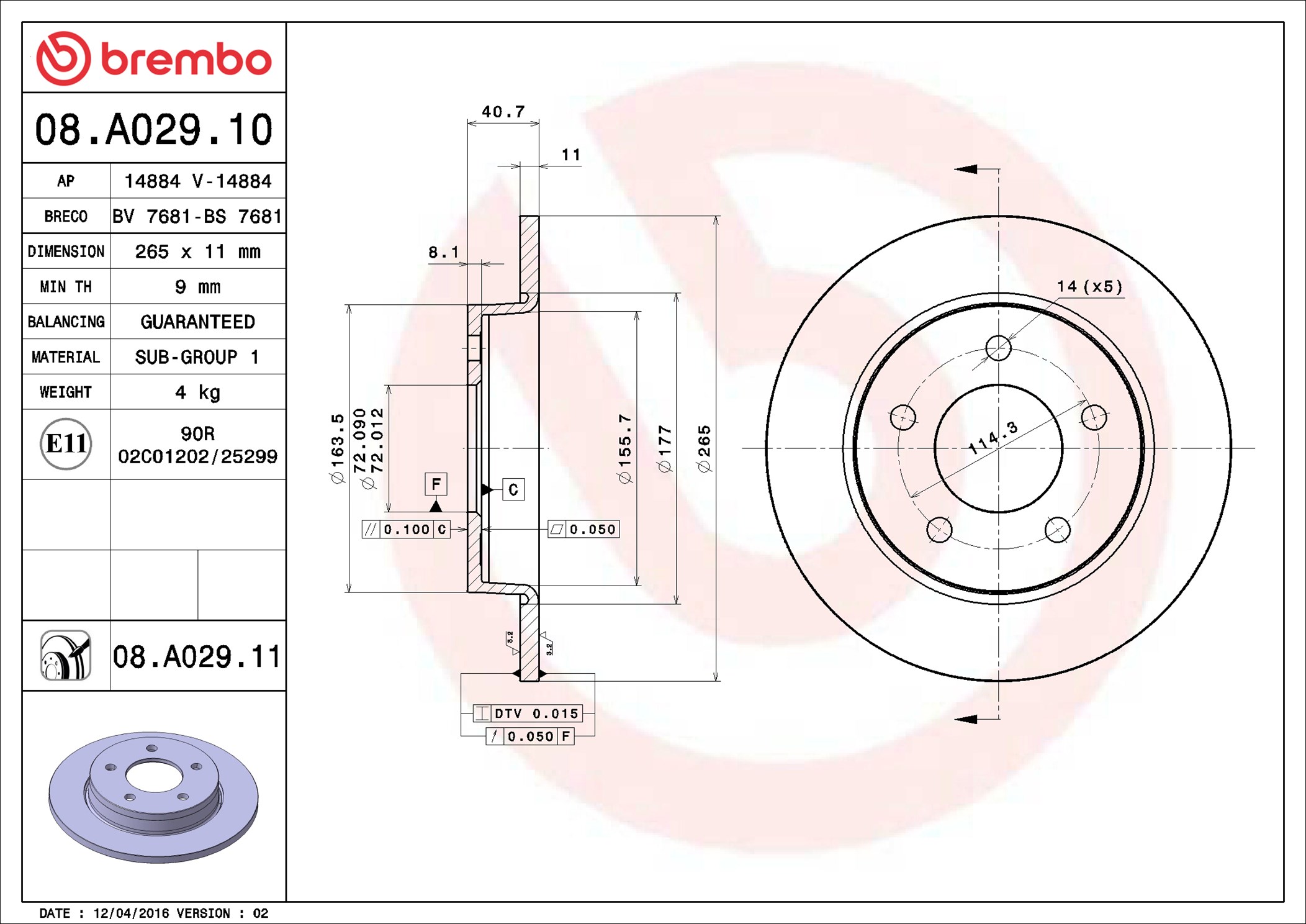 stabdžių diskas - 08.A029.11 BREMBO