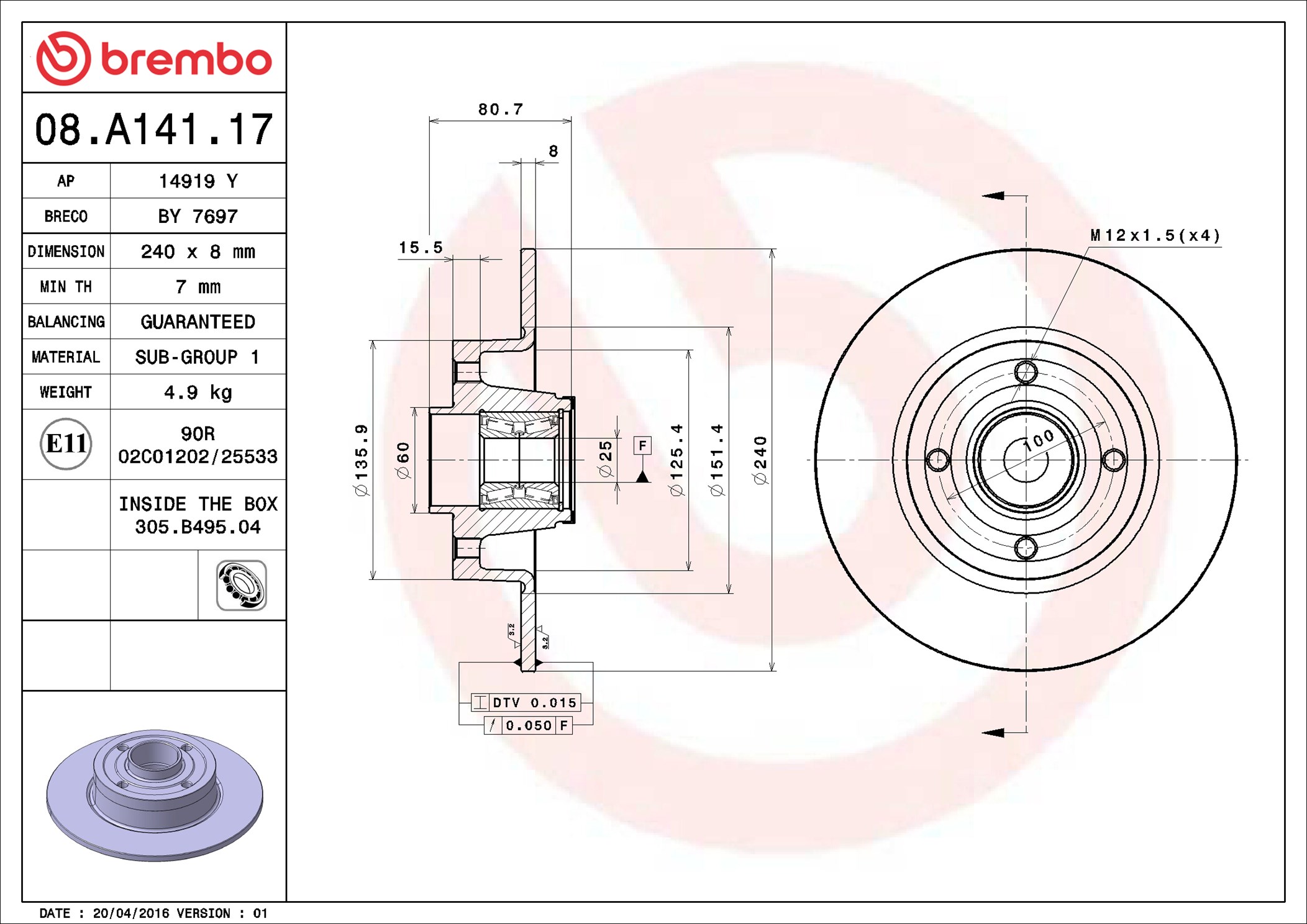 Brake Disc - 08.A141.17 BREMBO