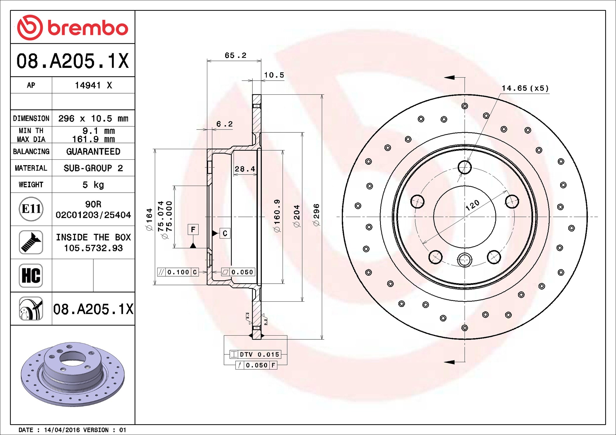 Тормозной диск - 08.A205.1X BREMBO