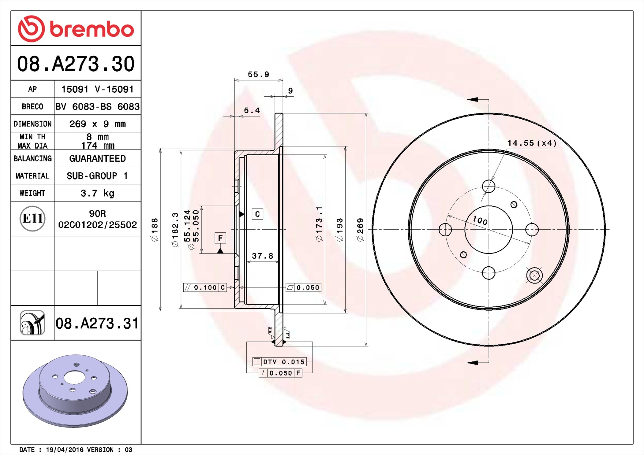 Bremsscheibe - 08.A273.31 BREMBO