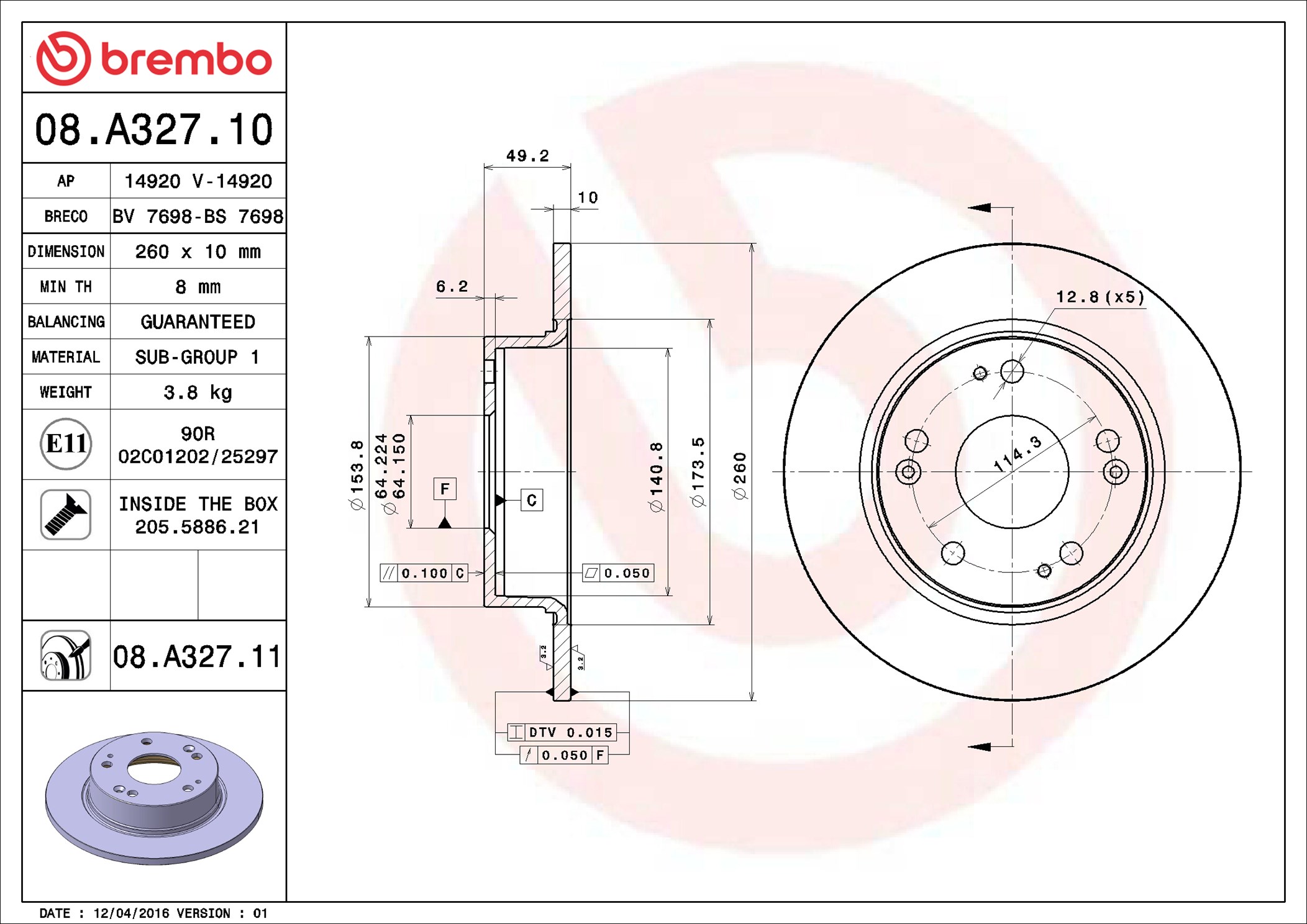 Brake Disc - 08.A327.11 BREMBO